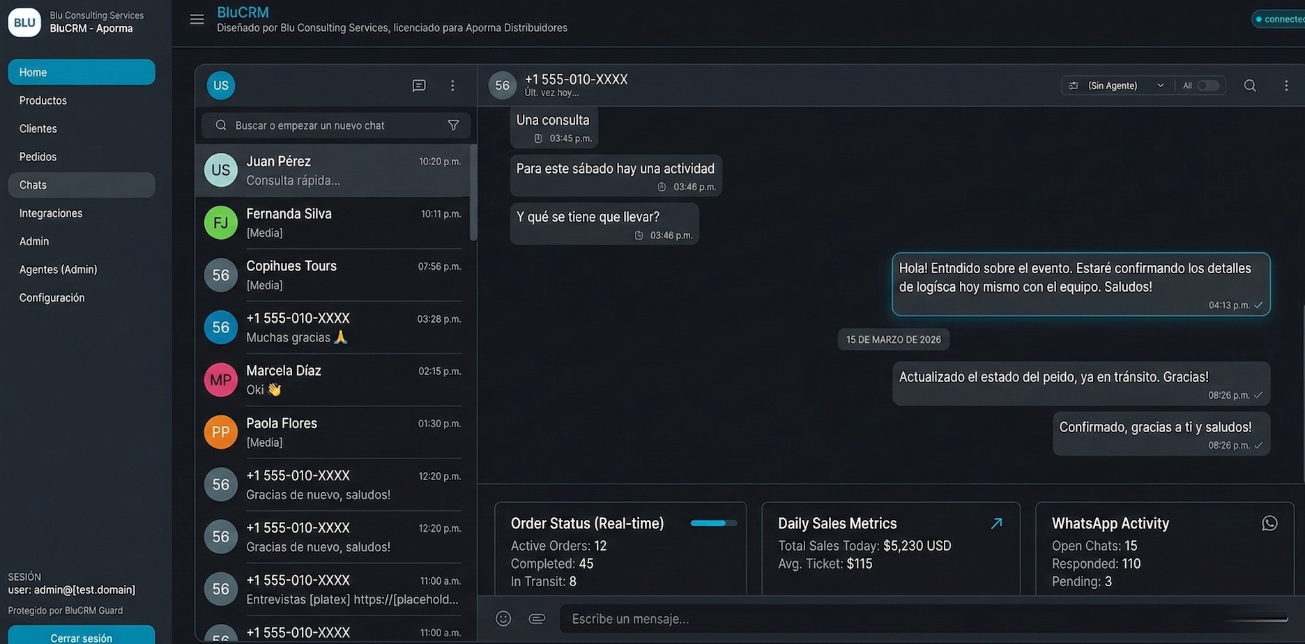 Captura de pantalla del BluCRM: bandeja de entrada integrada con pipeline de ventas