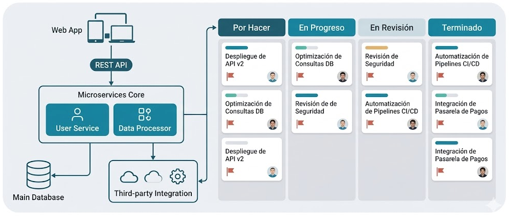 Diagrama de arquitectura de software y tablero Kanban corporativo